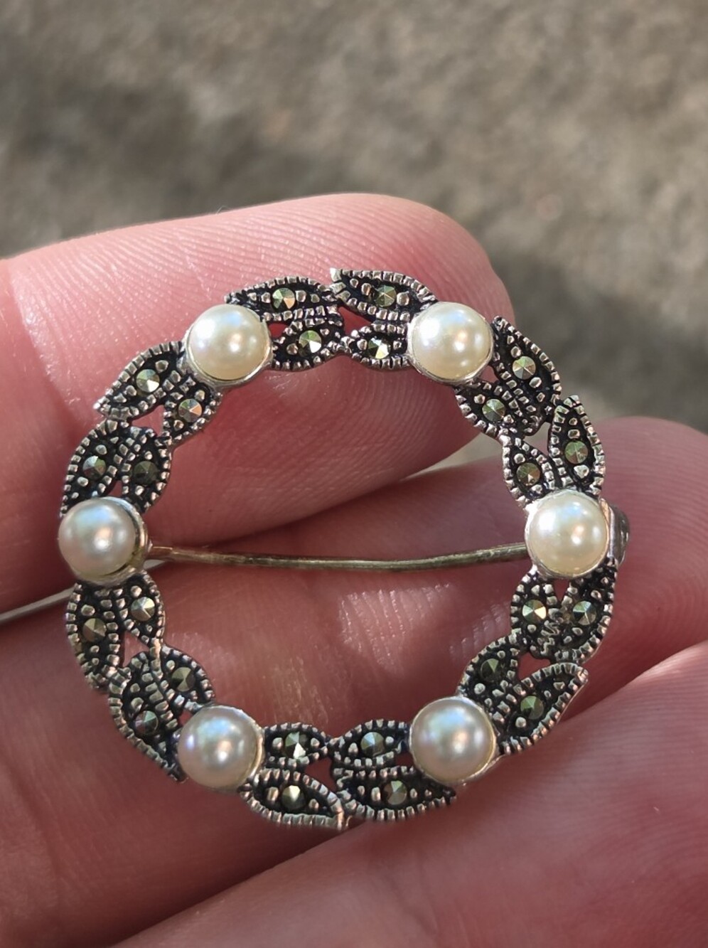 Pearl and Marcasite Circle Brooch - White Pearls